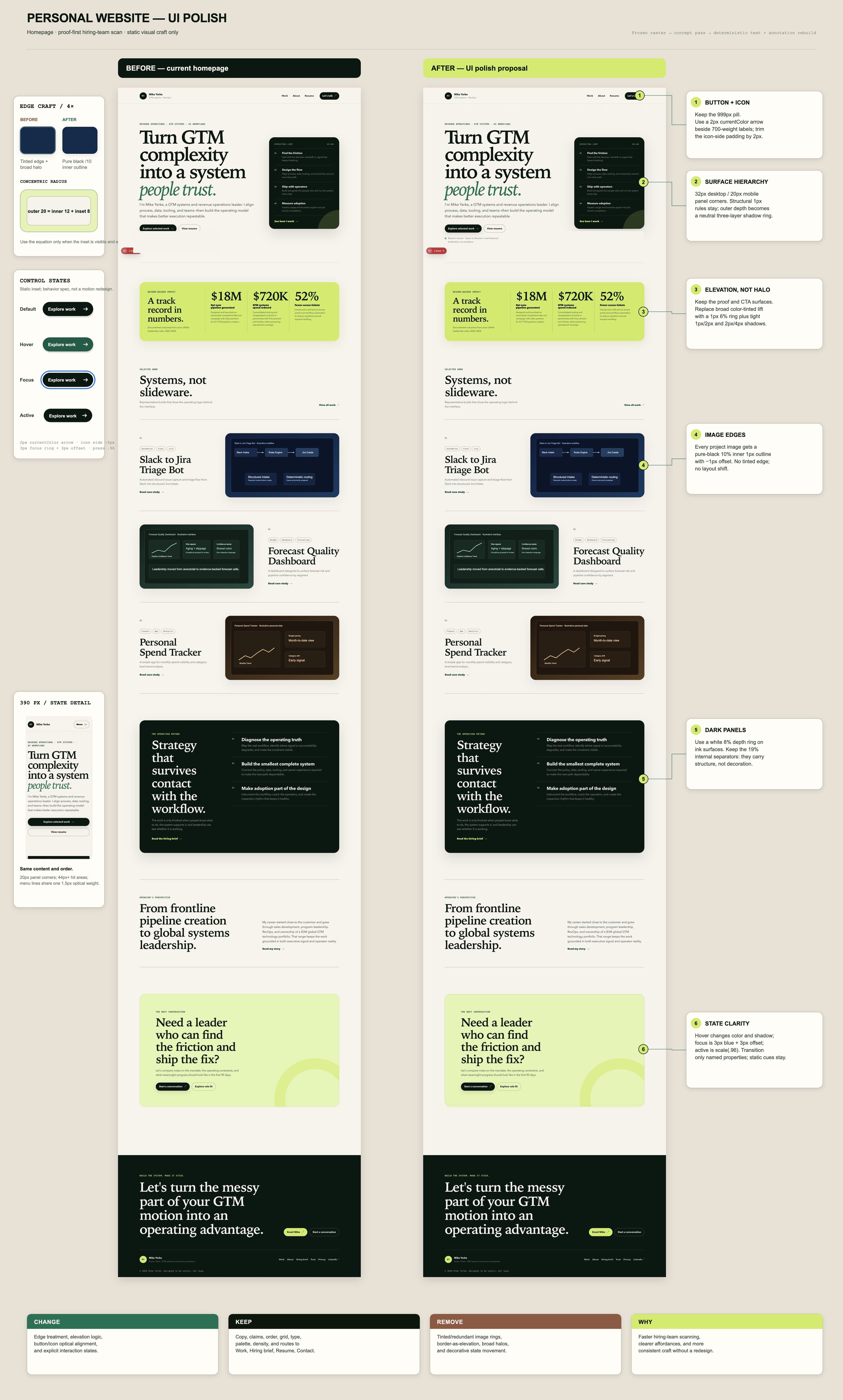 UI polish annotated A/B design board